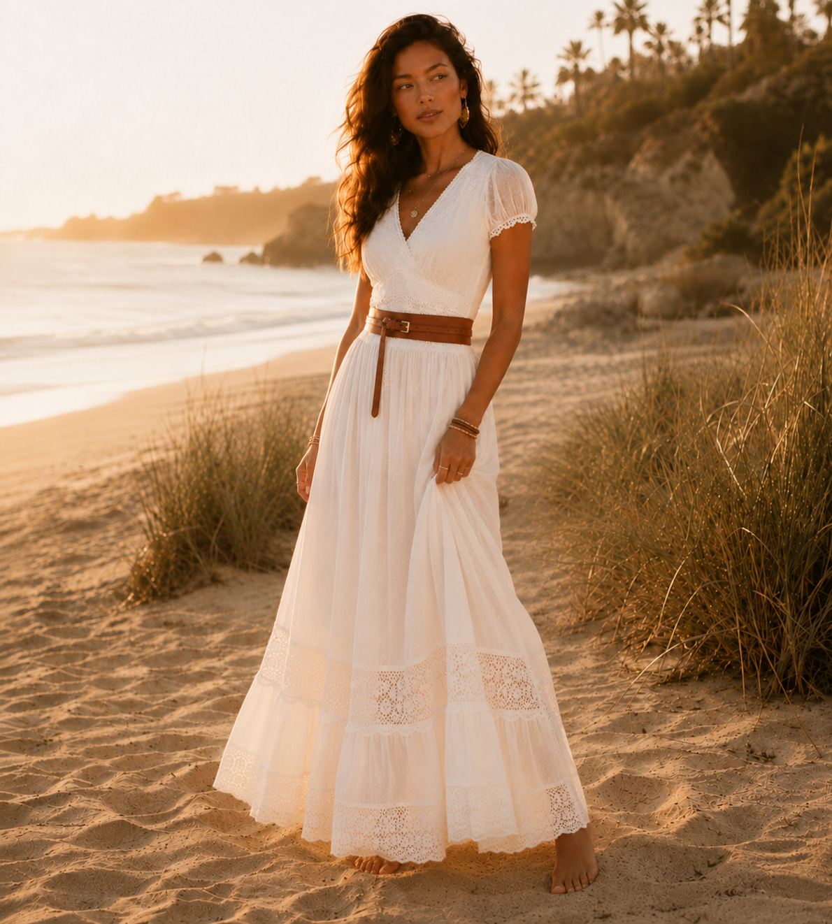 Boho Lace Belted Maxi Dress - White
