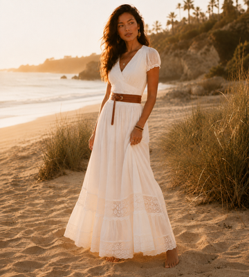 Boho Lace Belted Maxi Dress - White