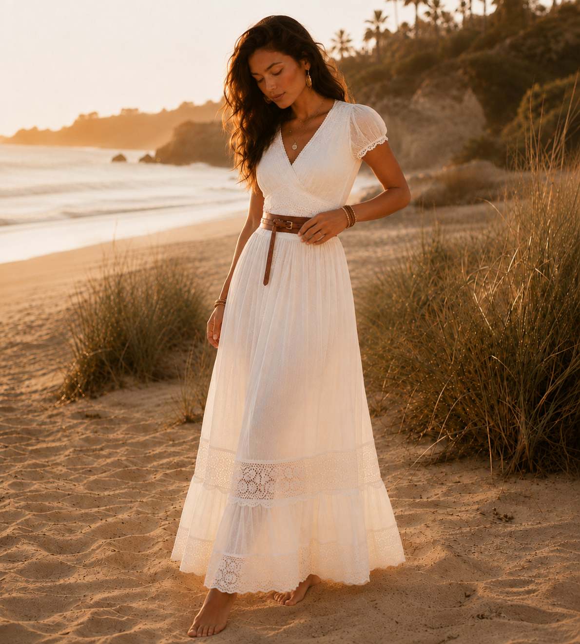 Boho Lace Belted Maxi Dress - White