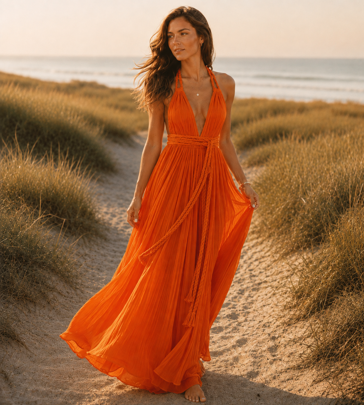 Boho Halter Wrap Maxi Dress - Orange