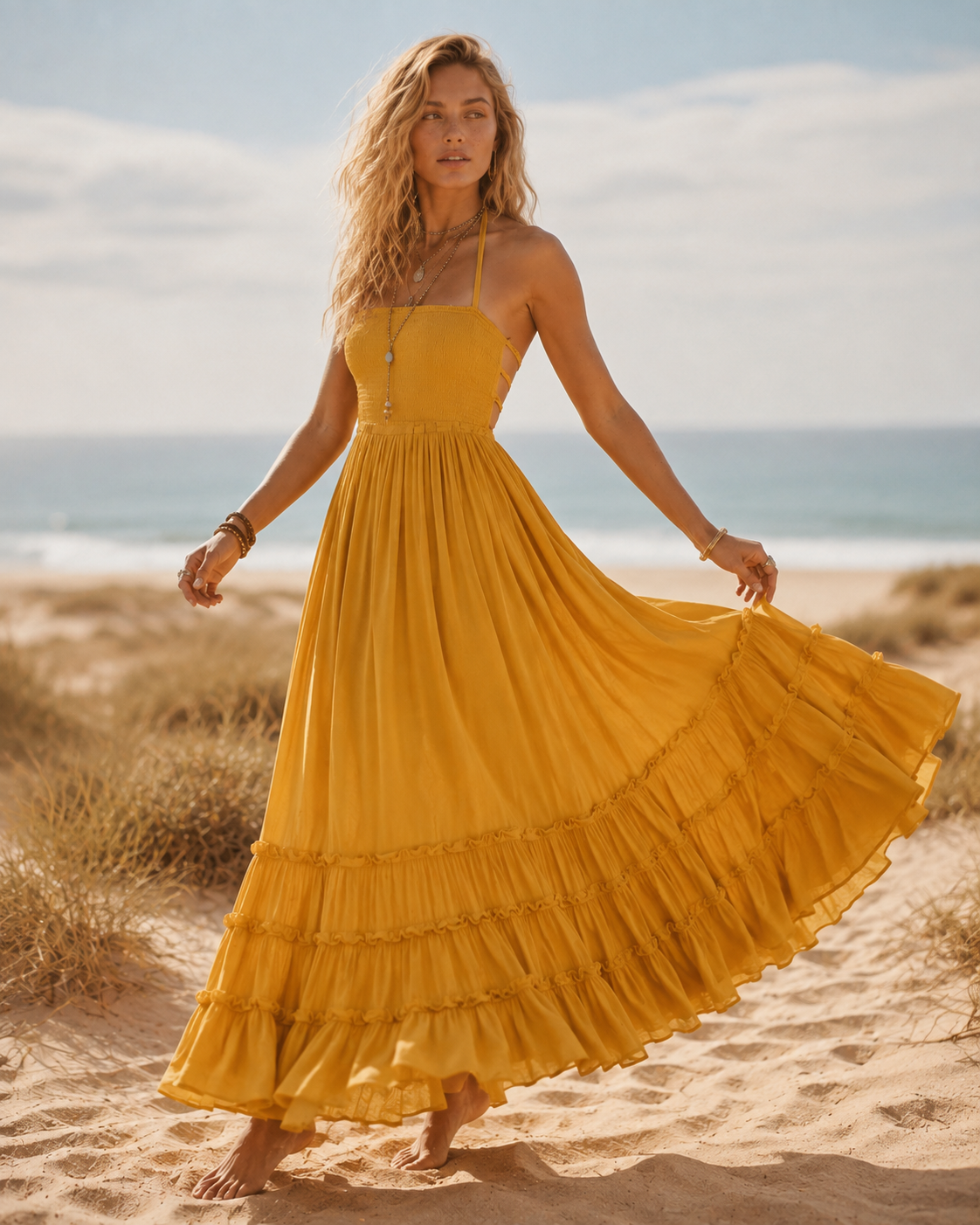 Halter Smocked Tiered Maxi Dress - Mustard