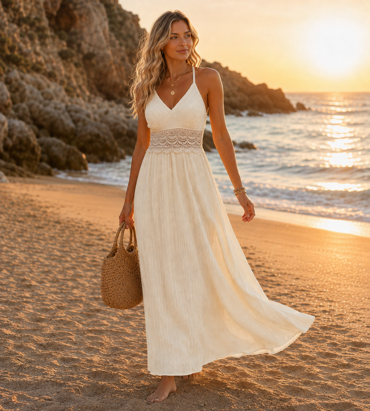 Boho Crochet Lace Open Back Maxi Dress