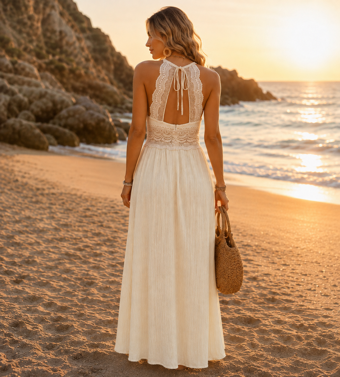 Boho Crochet Lace Open Back Maxi Dress