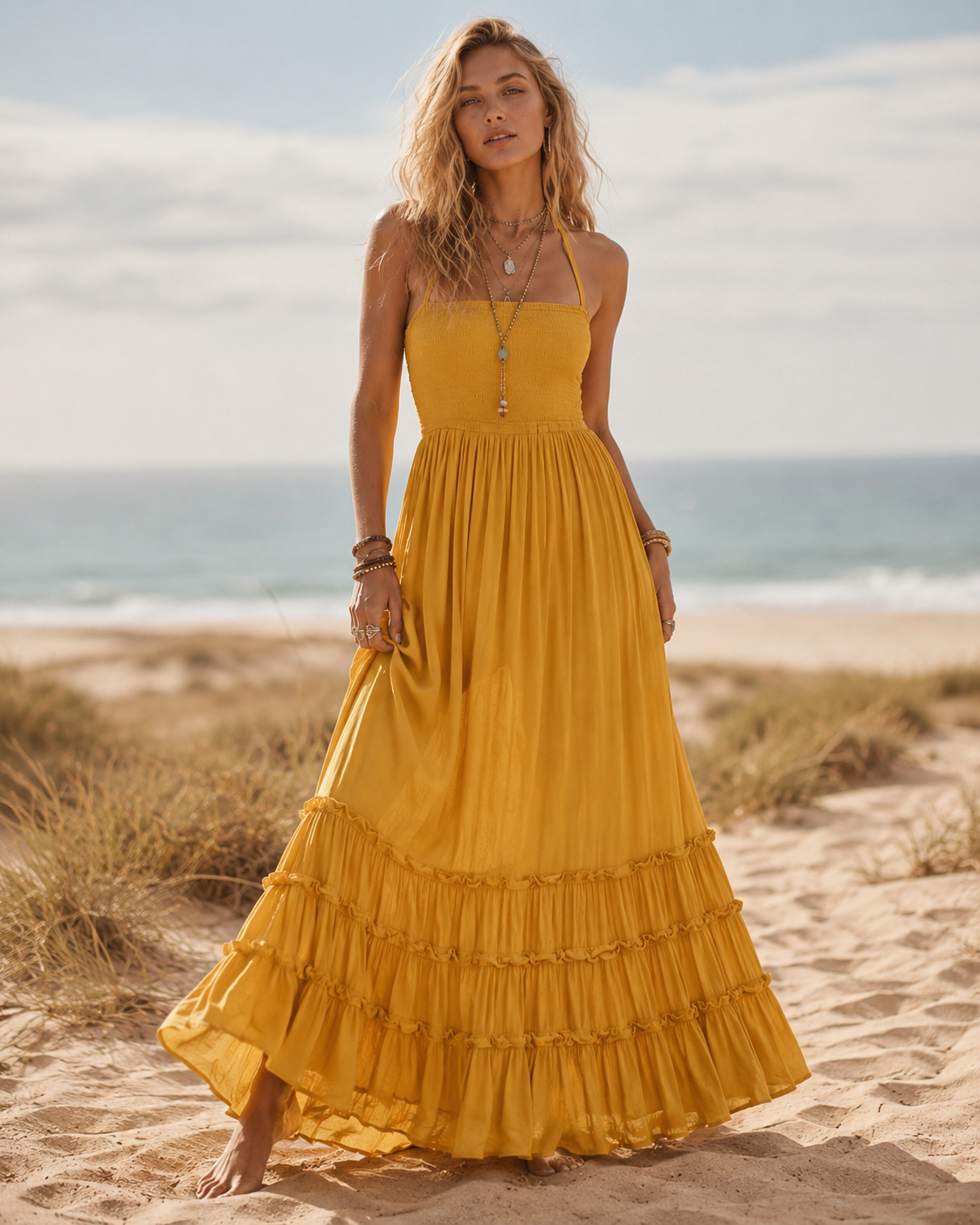 Halter Smocked Tiered Maxi Dress - Mustard
