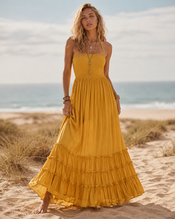 Halter Smocked Tiered Maxi Dress - Mustard