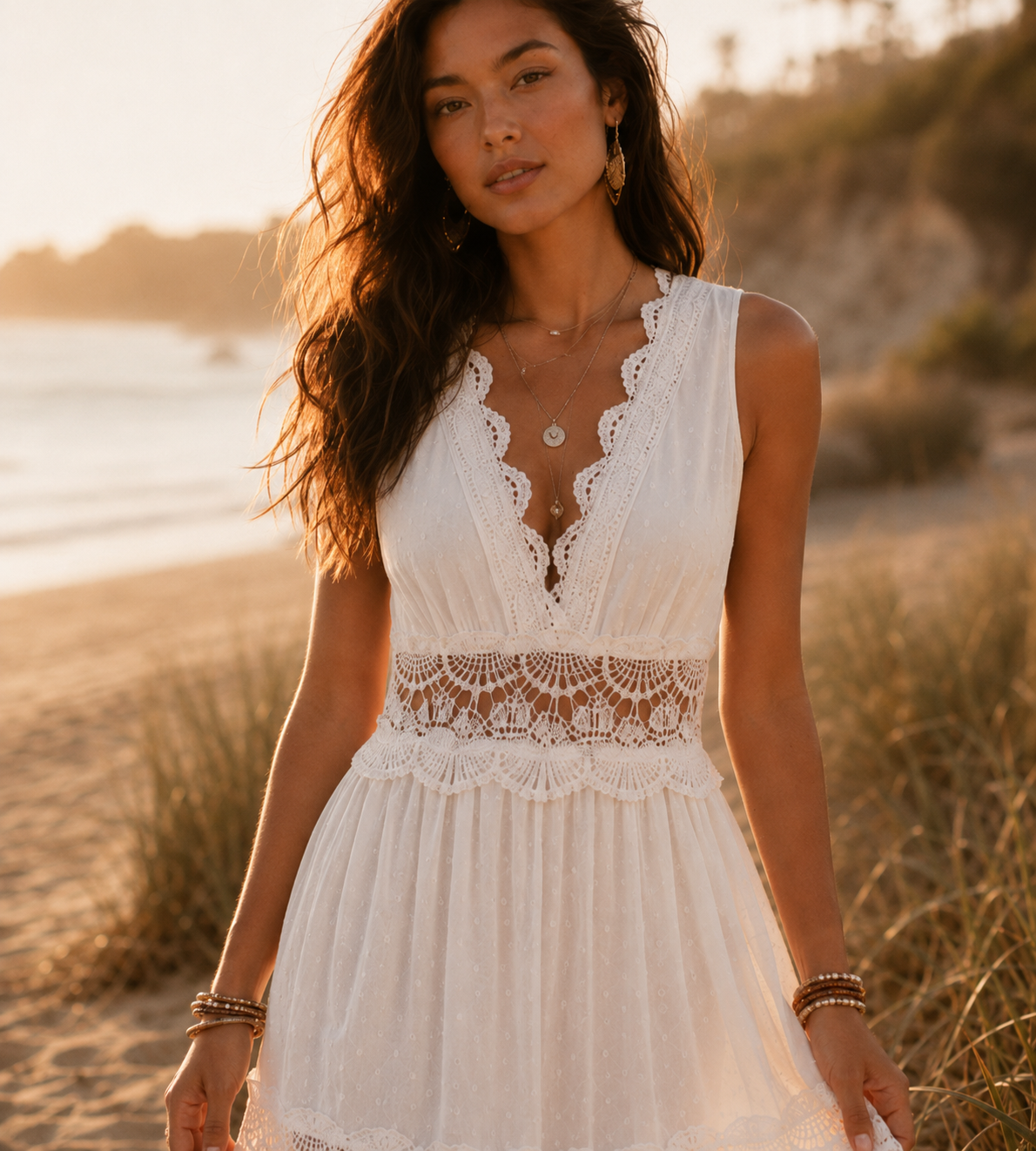 Boho White Lace Tiered Maxi Dress