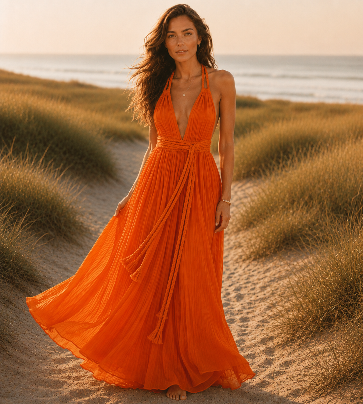 Boho Halter Wrap Maxi Dress - Orange