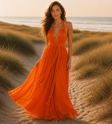 Boho Halter Wrap Maxi Dress - Orange