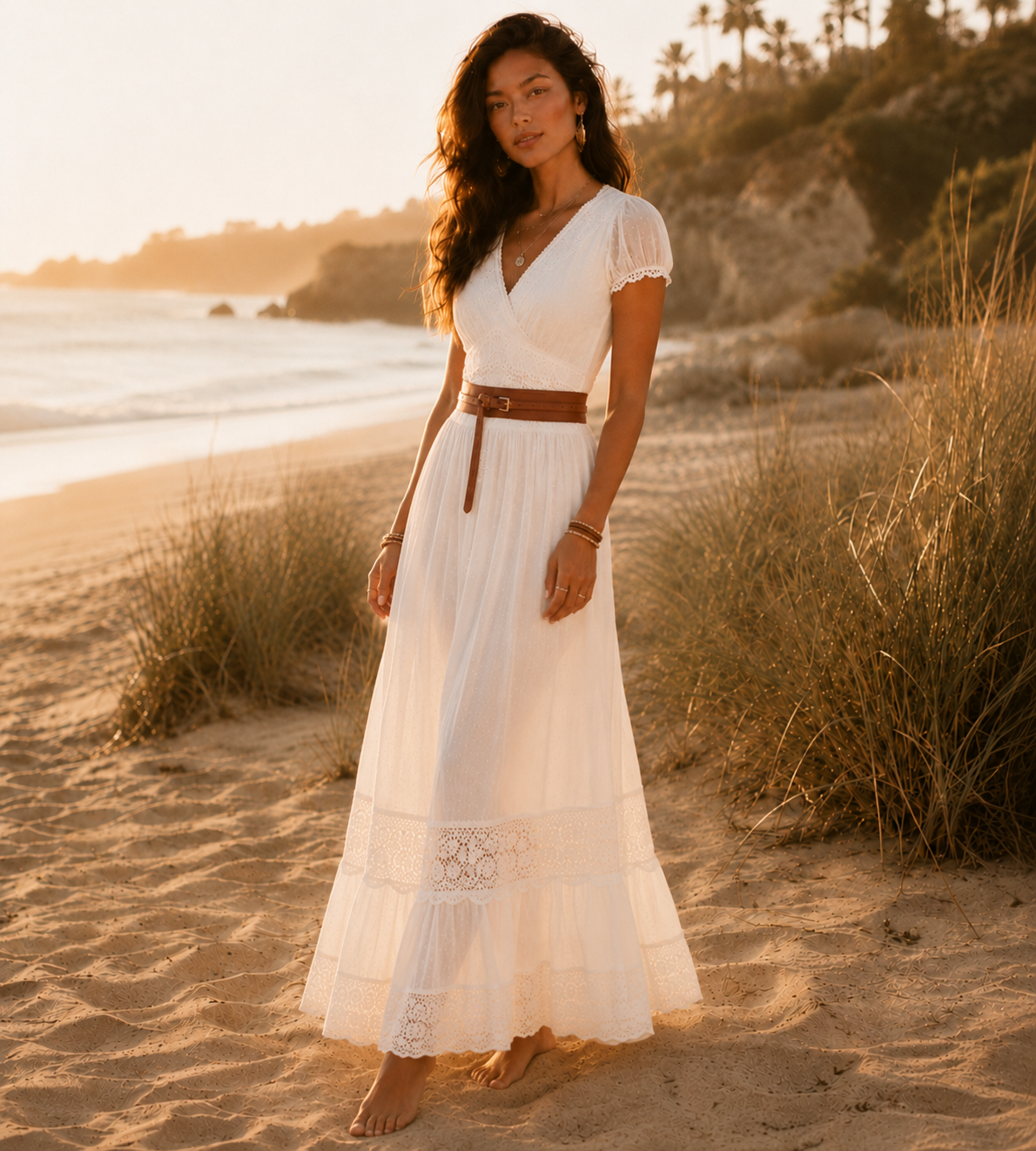 Boho Lace Belted Maxi Dress - White