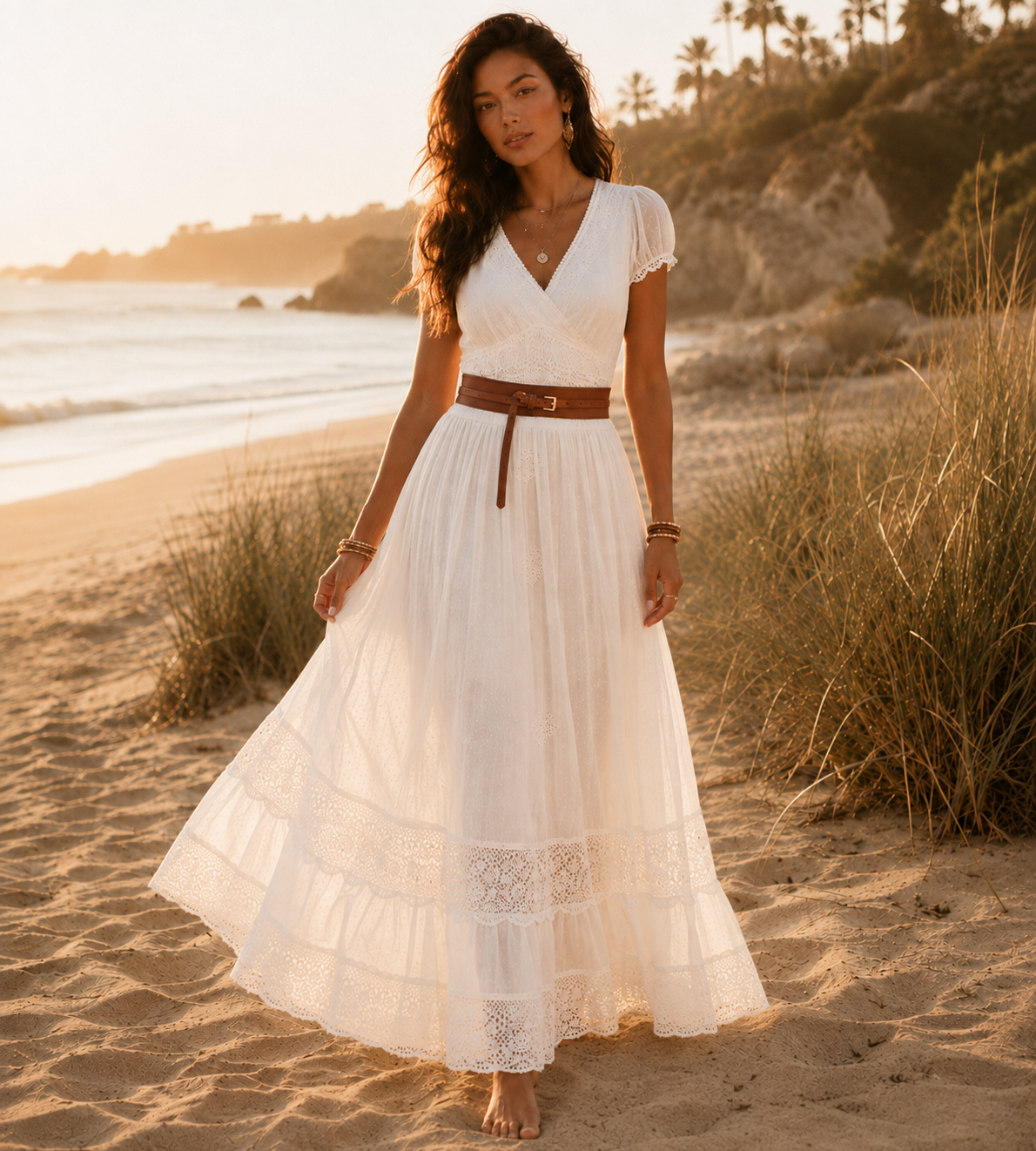 Boho Lace Belted Maxi Dress - White
