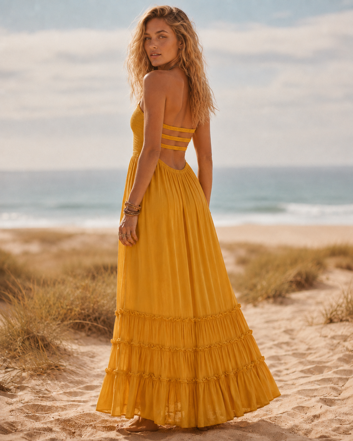 Halter Smocked Tiered Maxi Dress - Mustard