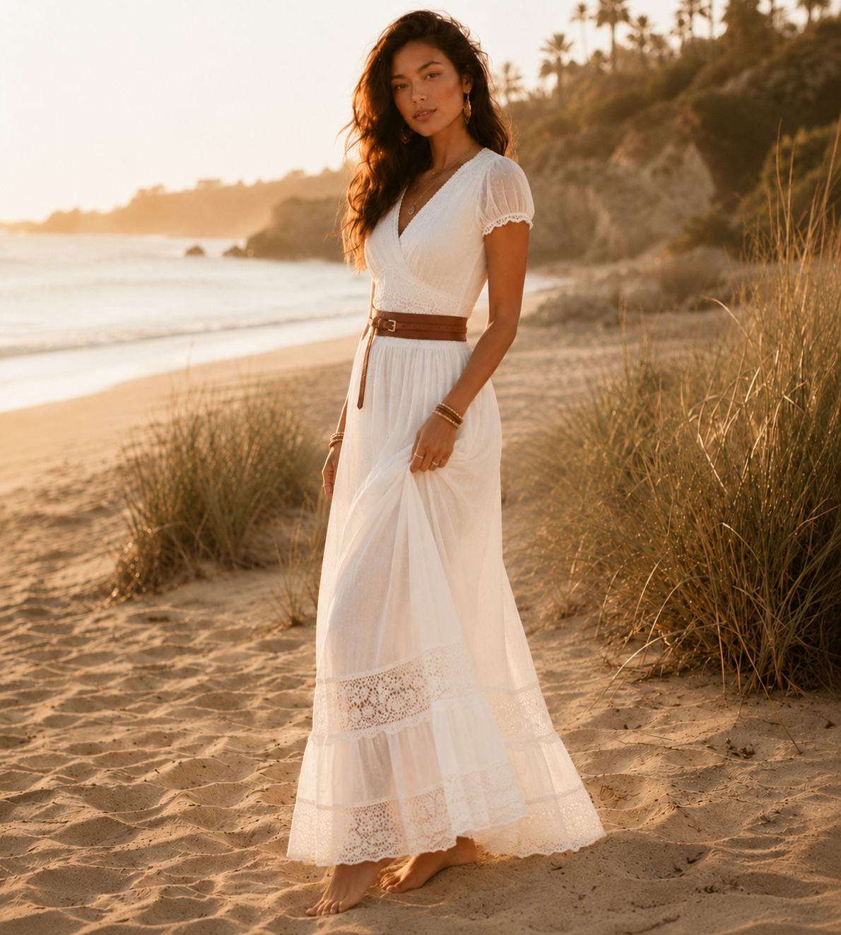 Boho Lace Belted Maxi Dress - White