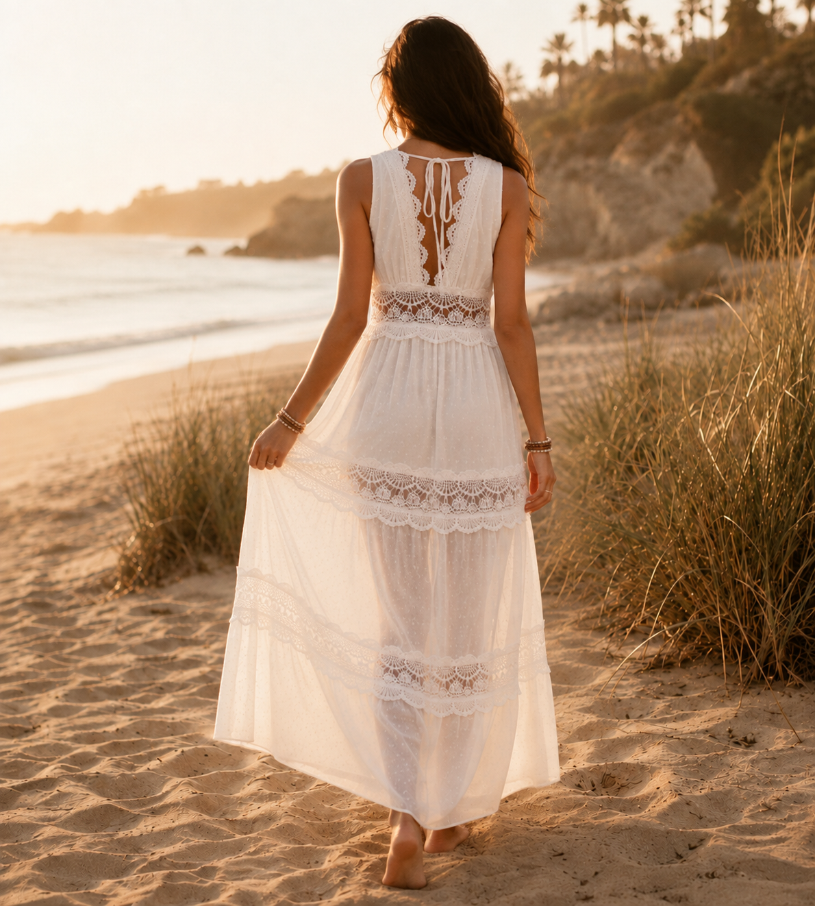 Boho White Lace Tiered Maxi Dress