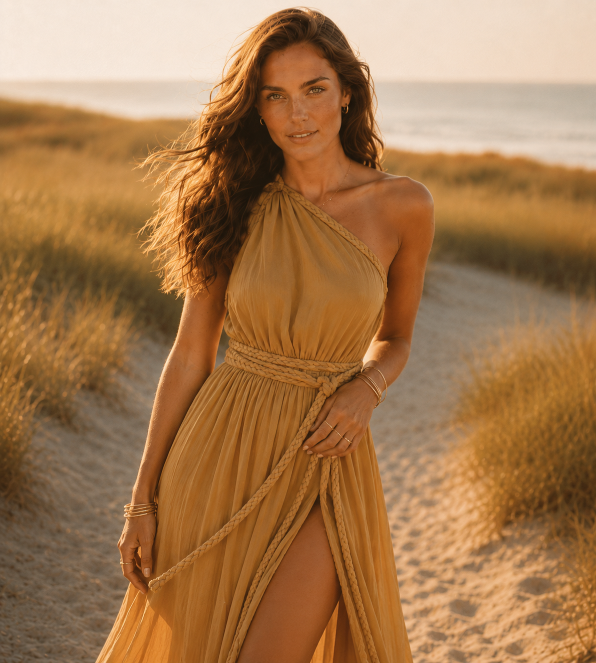 Golden Sand Boho One Shoulder Slit Maxi Dress