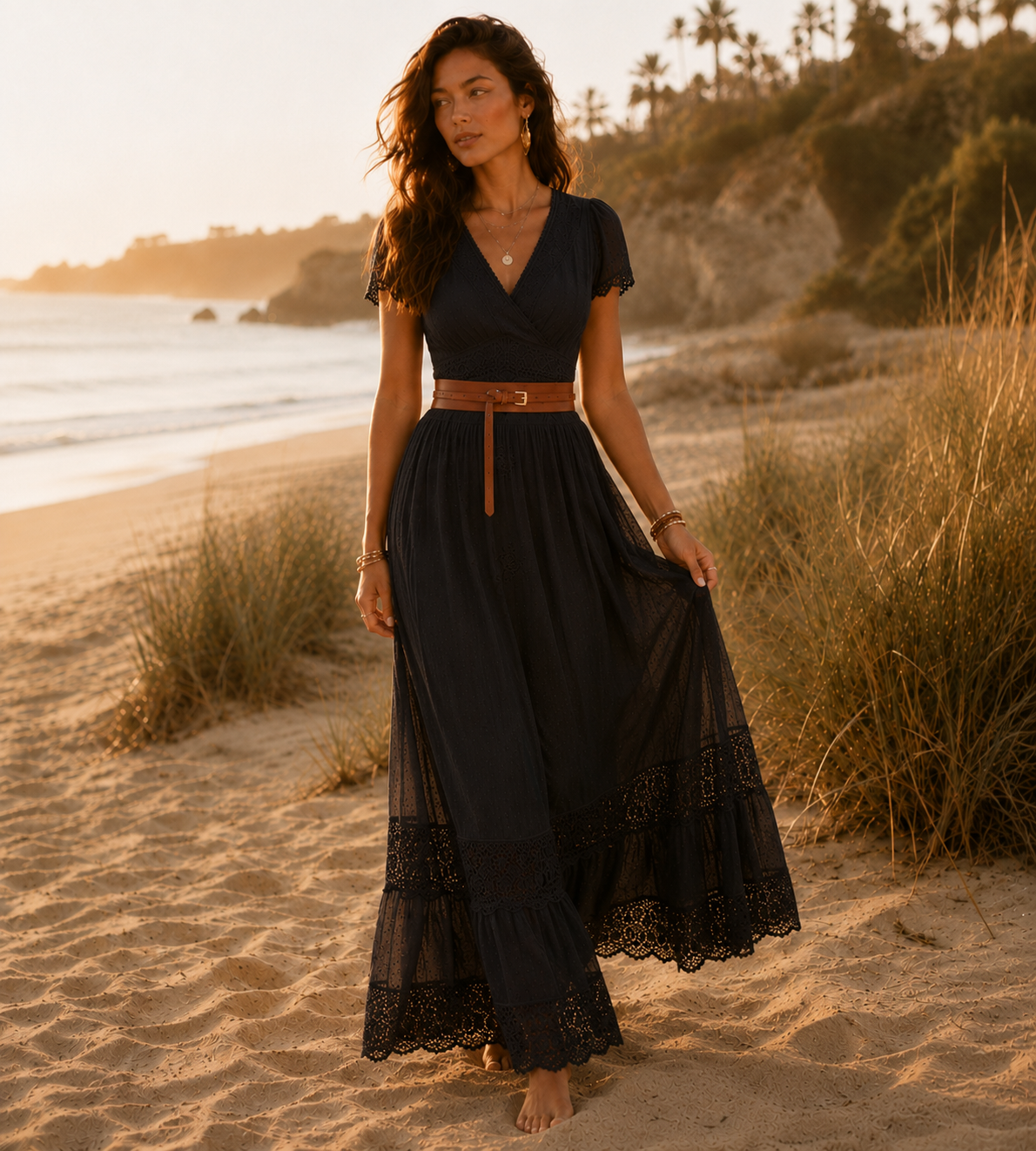 Boho Lace Belted Maxi Dress - White