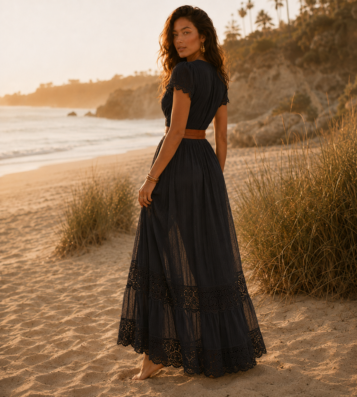 Boho Lace Belted Maxi Dress - White