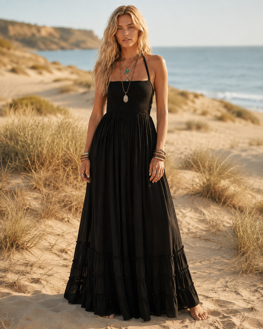 Halter Smocked Tiered Maxi Dress - Black