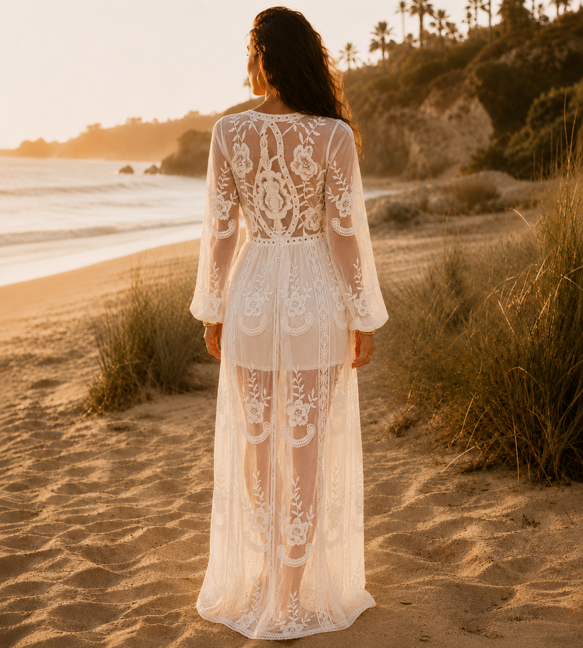 Boho Embroidered Lace Slit Maxi Dress - White