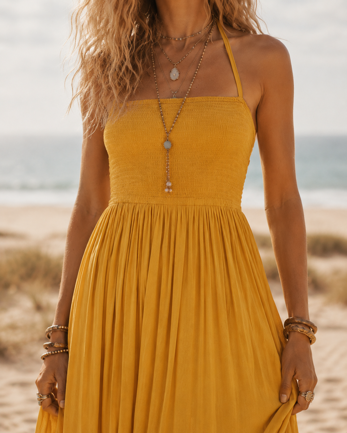 Halter Smocked Tiered Maxi Dress - Mustard