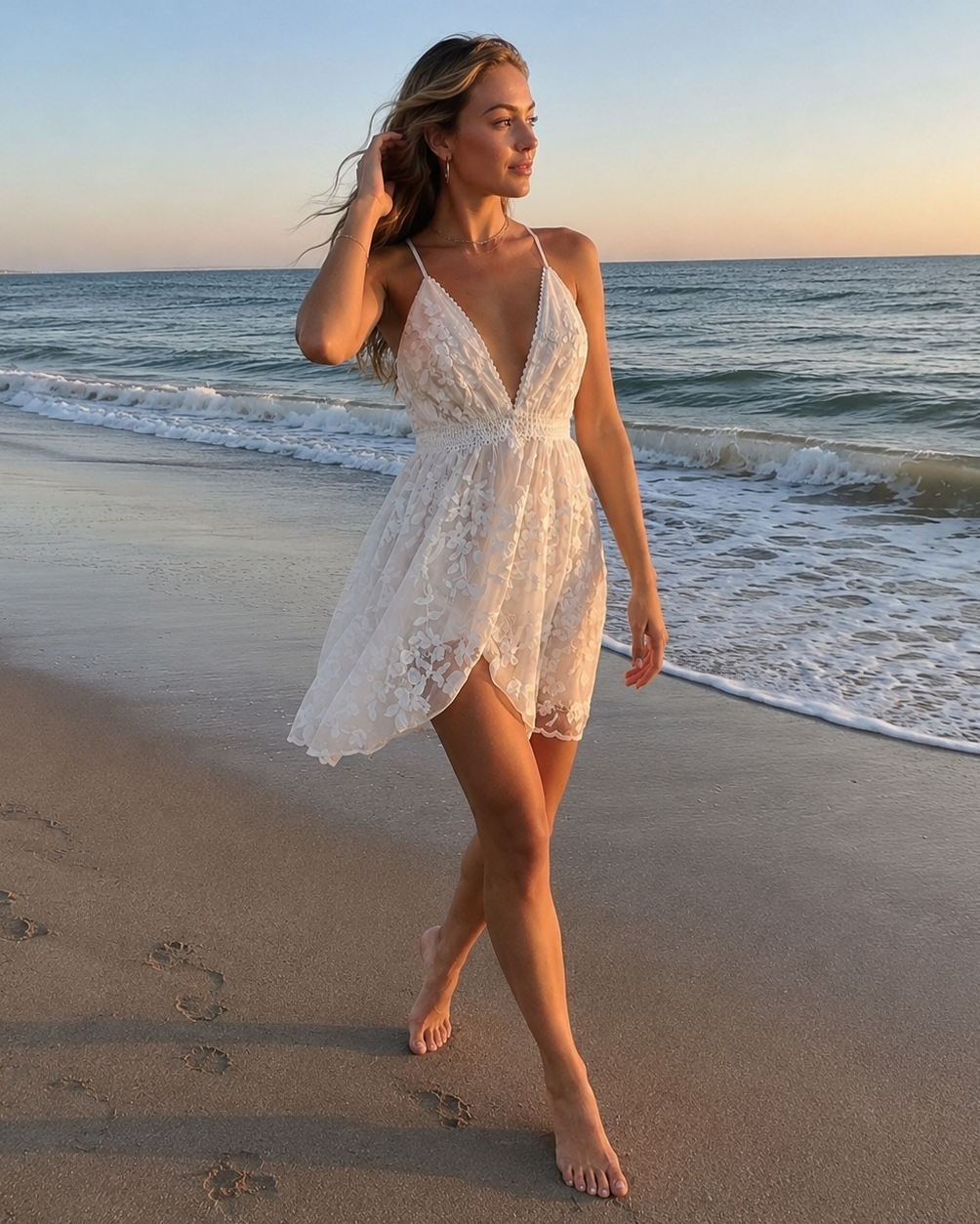 Ivory Floral Lace Open-Back Beach Mini Dress