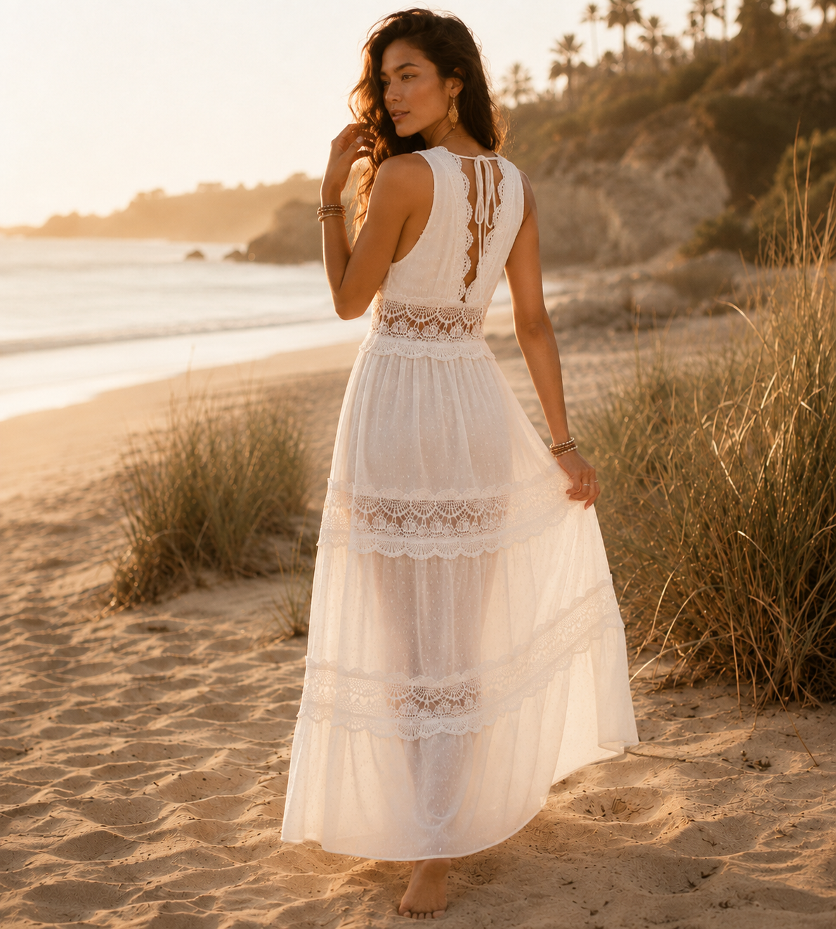 Boho White Lace Tiered Maxi Dress