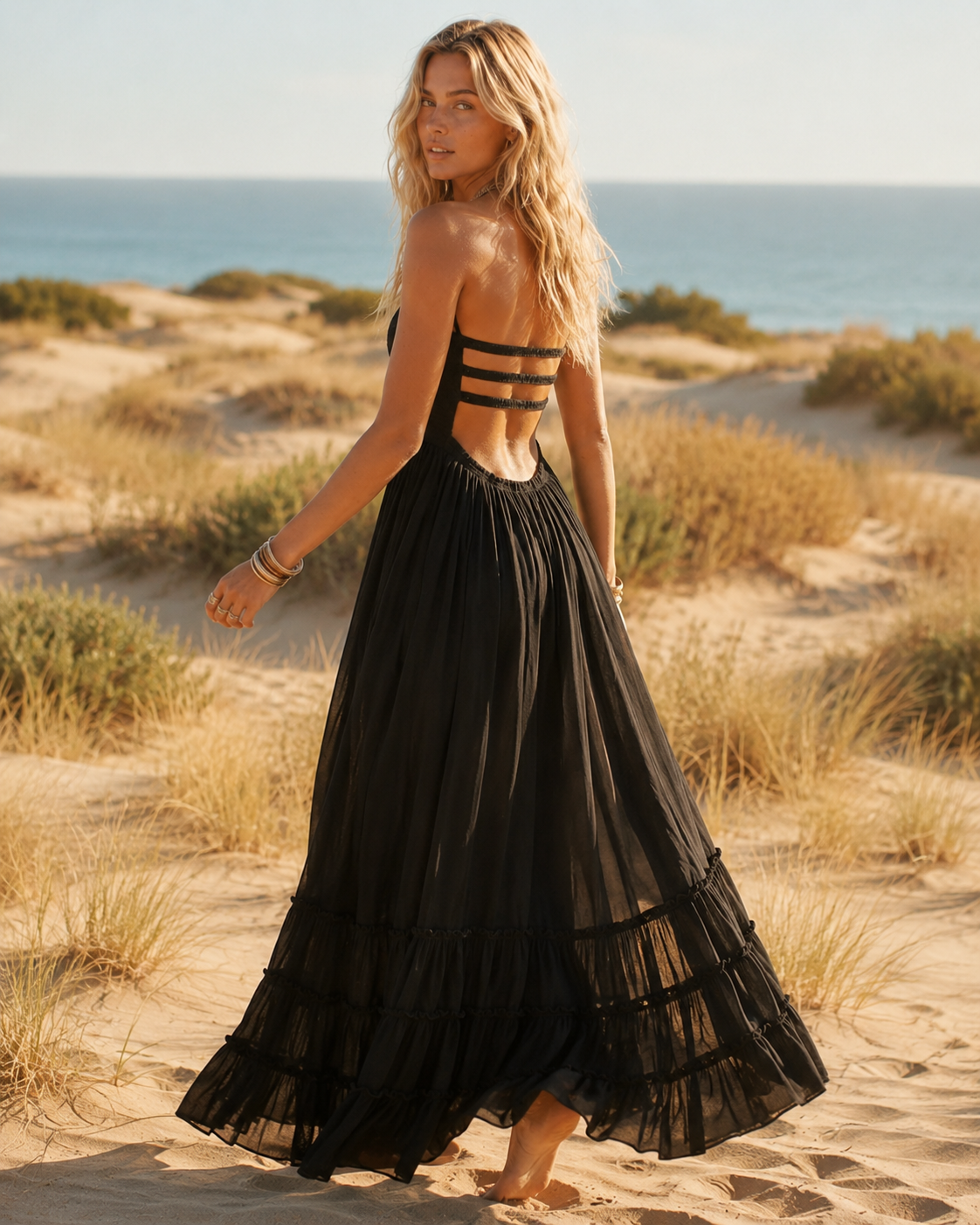 Halter Smocked Tiered Maxi Dress - Black