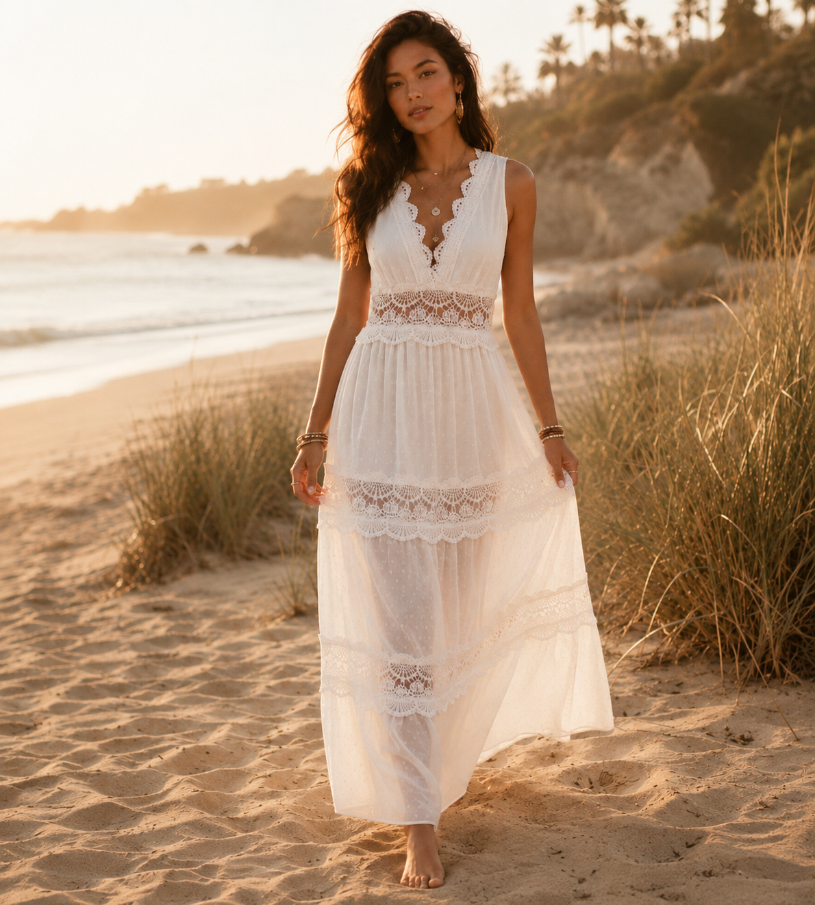 Boho White Lace Tiered Maxi Dress