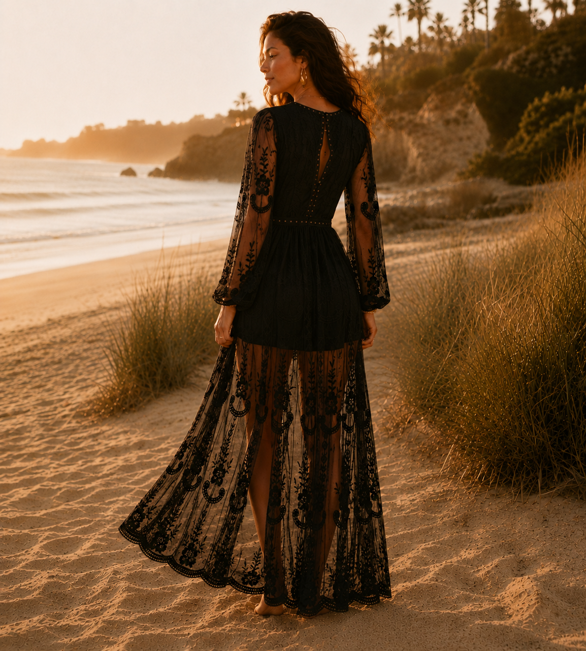 Boho Embroidered Lace Slit Maxi Dress - Black