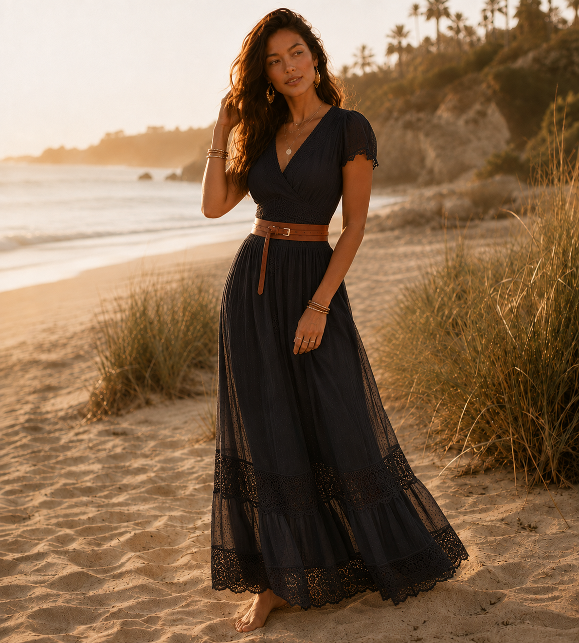 Boho Lace Belted Maxi Dress - White