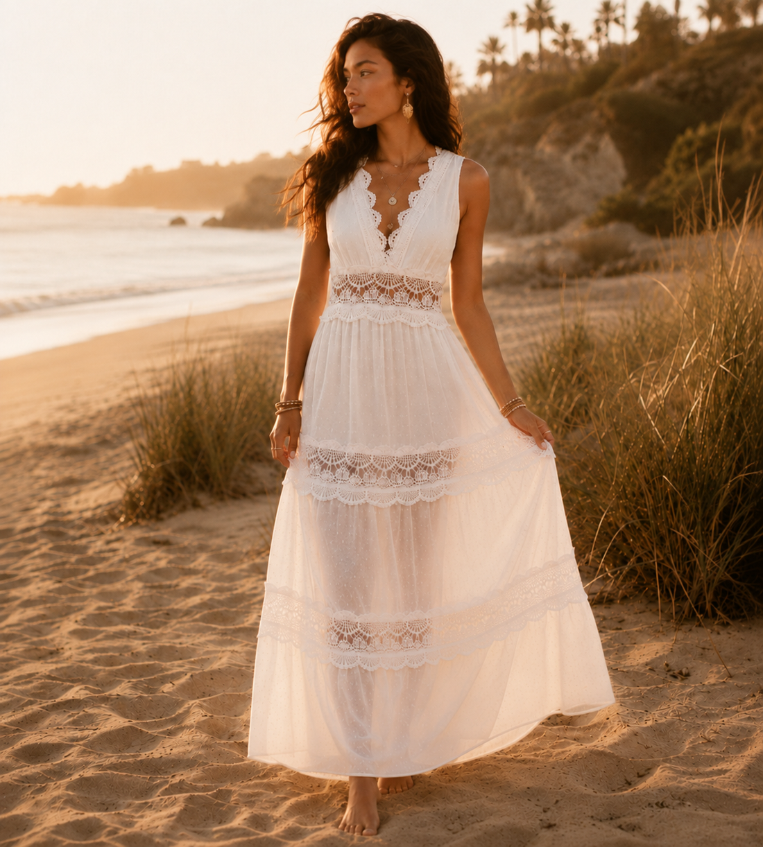 Boho White Lace Tiered Maxi Dress