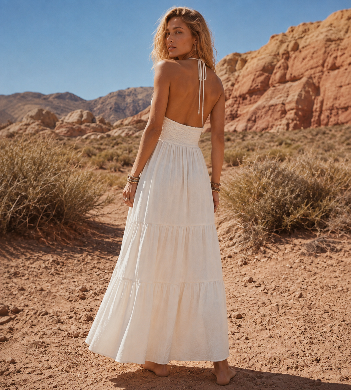 Boho Shell Trim Halter Maxi Dress - Ivory